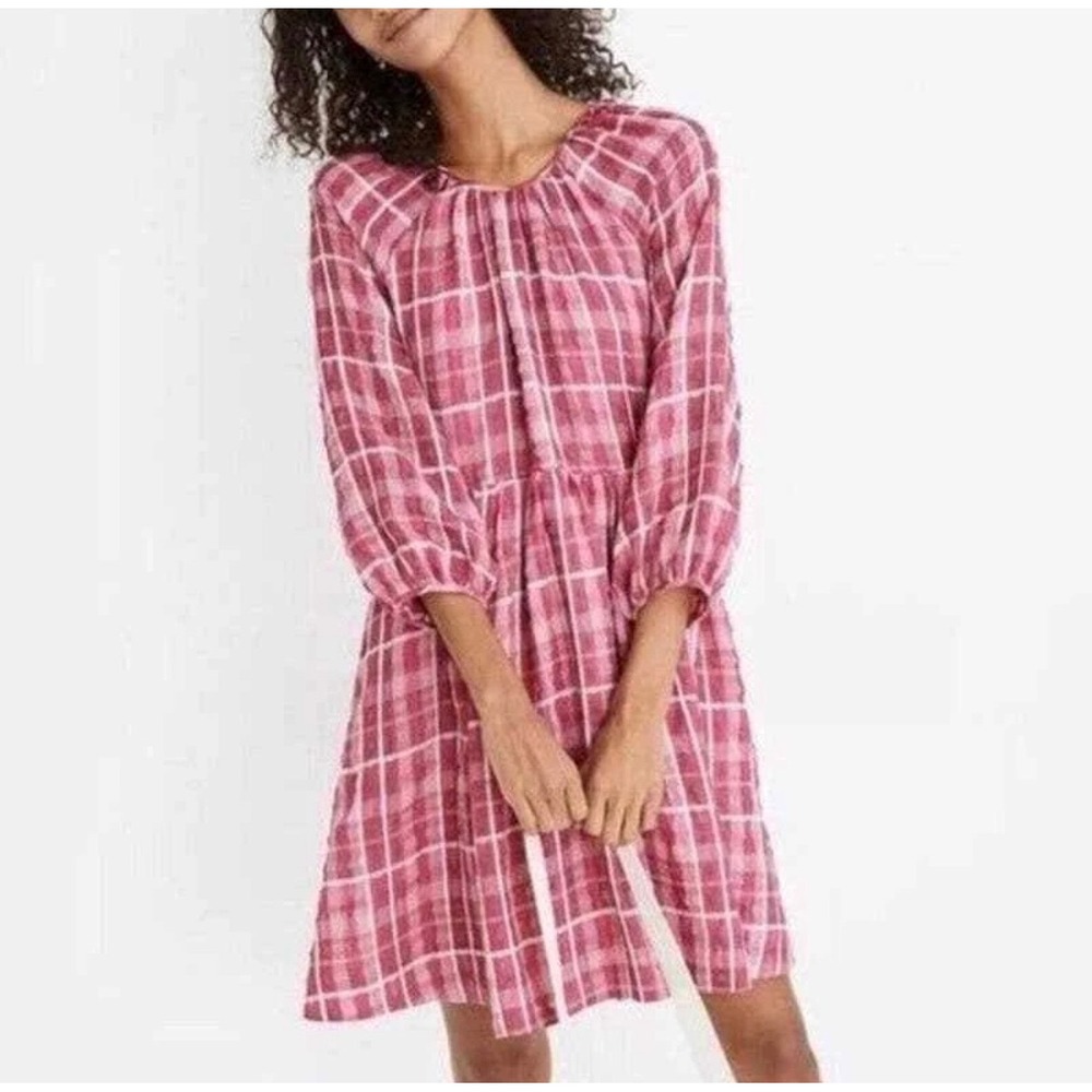 Madewell Pink Plaid Dobby‎ Babydoll Mini Dress Balloon Sleeve Tie Back Size S - Picture 6 of 6
